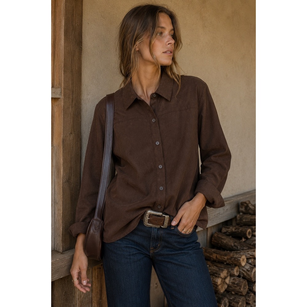 Vintage Studio Works Chocolate Brown Faux Suede Shirt Jacket Western Y2K L